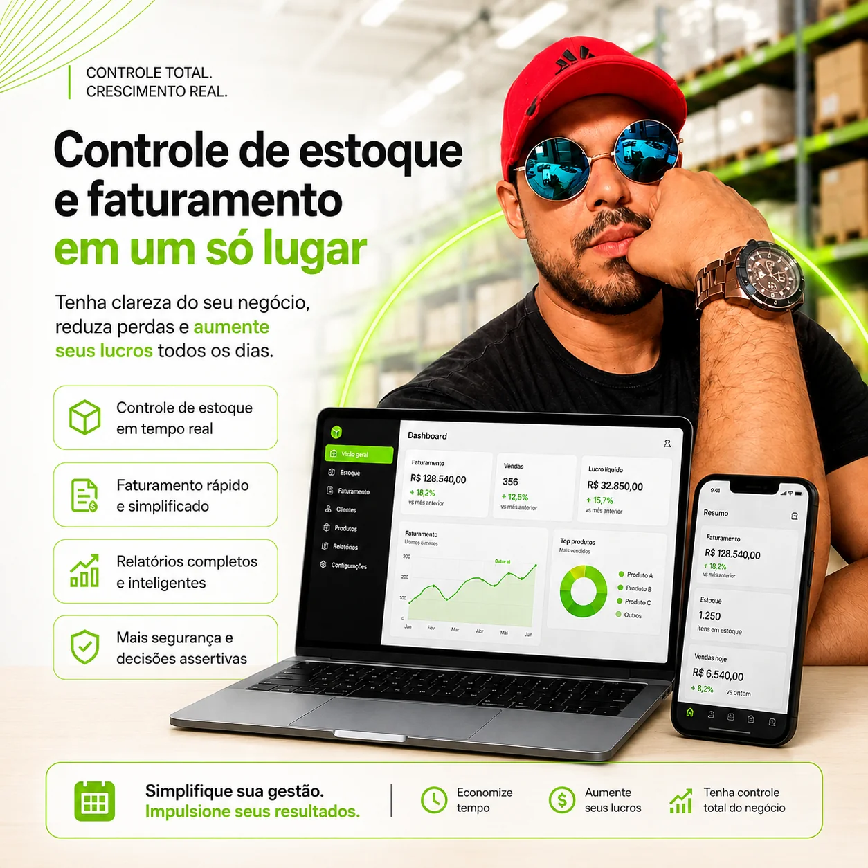 Dashboard do Control Stock no notebook e celular
